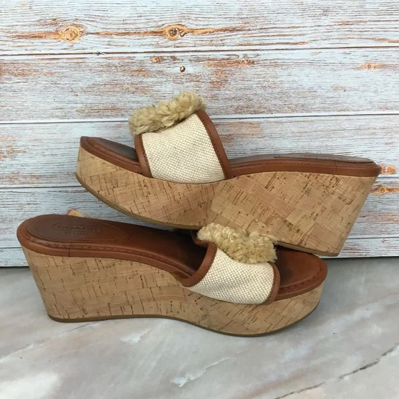 Coach Jazmin Wedge Sandals in Cream Canvas, Brown Leather & Cork - Picture 6 of 11